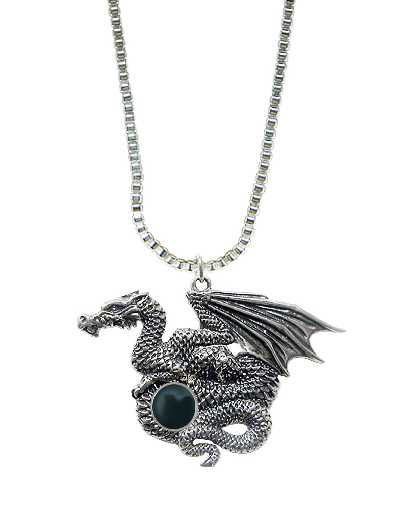 Sterling Silver Dragon of Many Treasures Pendant With Bloodstone